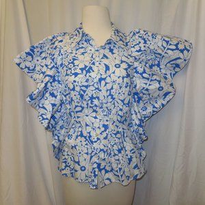 Zara Blue & White Floral Poplin Top Size S